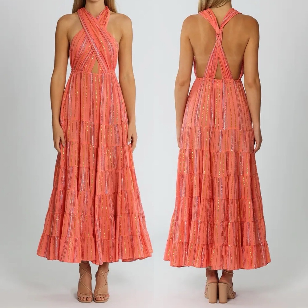 SUNDRESS Brand Suzie Lurex Sao Paolo Rainbow Stripe Gauze Tropical Maxi Dress M
